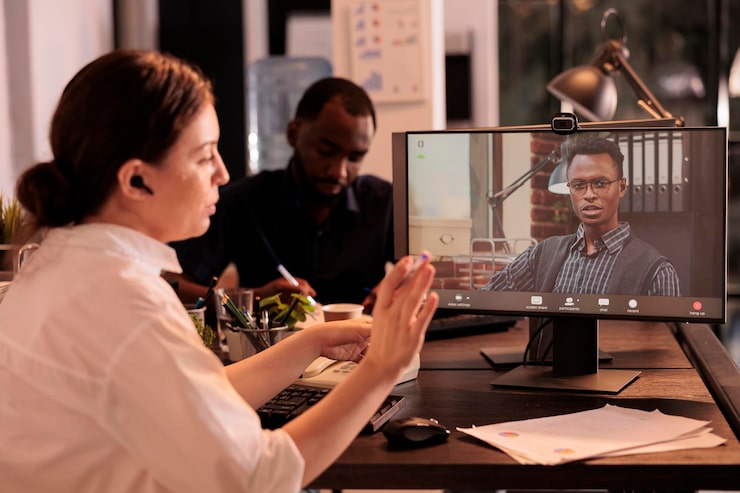 Person on video call in modern office setting, collaborating with colleagues at desk with paperwork and computer