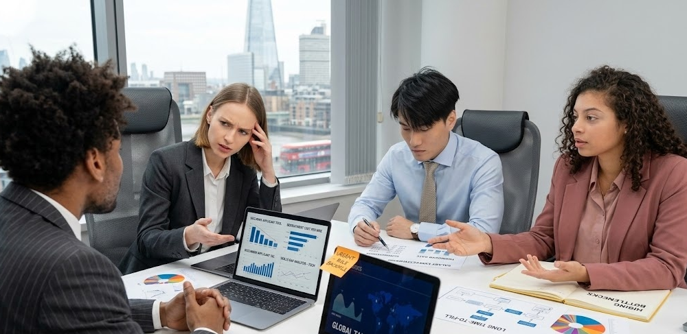 Business team in meeting discussing charts and graphs in modern office with cityscape view