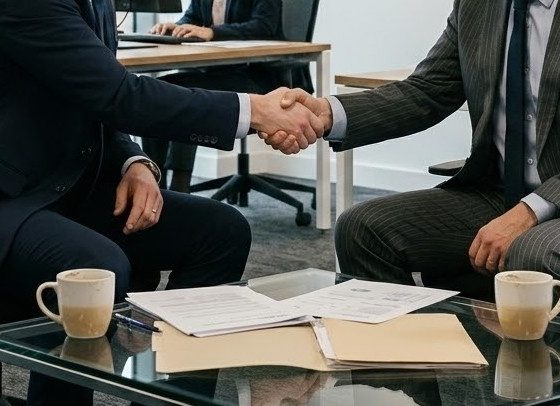 Two businessmen shaking hands over a desk with documents and coffee mugs in an office setting