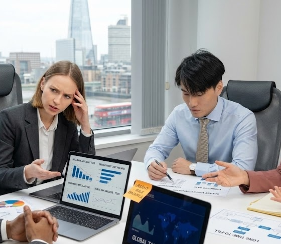 Business team in meeting discussing charts and graphs in modern office with cityscape view