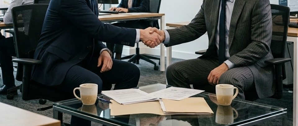 Two businessmen shaking hands over a desk with documents and coffee mugs in an office setting