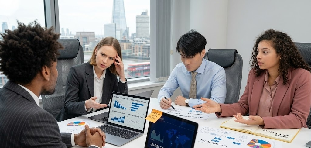 Business team in meeting discussing charts and graphs in modern office with cityscape view