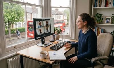 Person in home office engaging in a virtual meeting, with a red London bus visible through the window