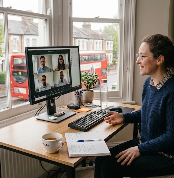 Person in home office engaging in a virtual meeting, with a red London bus visible through the window