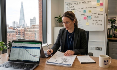 Businesswoman planning UK 4-day week trial with documents and laptop in London office