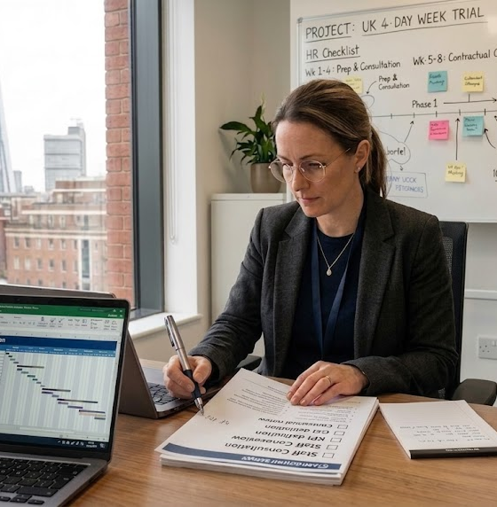 Businesswoman planning UK 4-day week trial with documents and laptop in London office