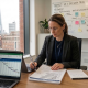 Businesswoman planning UK 4-day week trial with documents and laptop in London office
