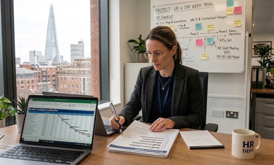 Businesswoman planning UK 4-day week trial with documents and laptop in London office