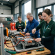 Technicians assembling electric vehicle batteries in a workshop with modern equipment and safety gear