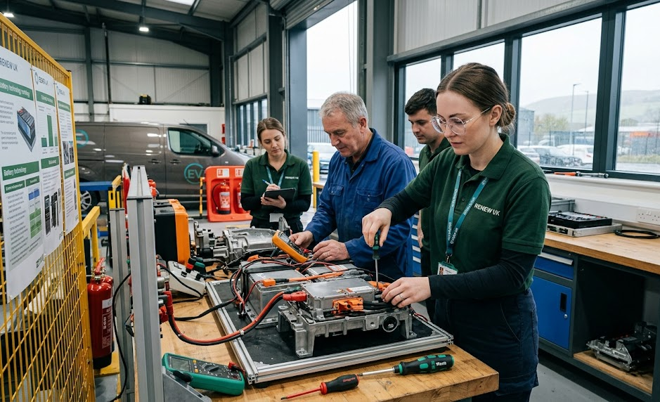 Technicians assembling electric vehicle batteries in a workshop with modern equipment and safety gear