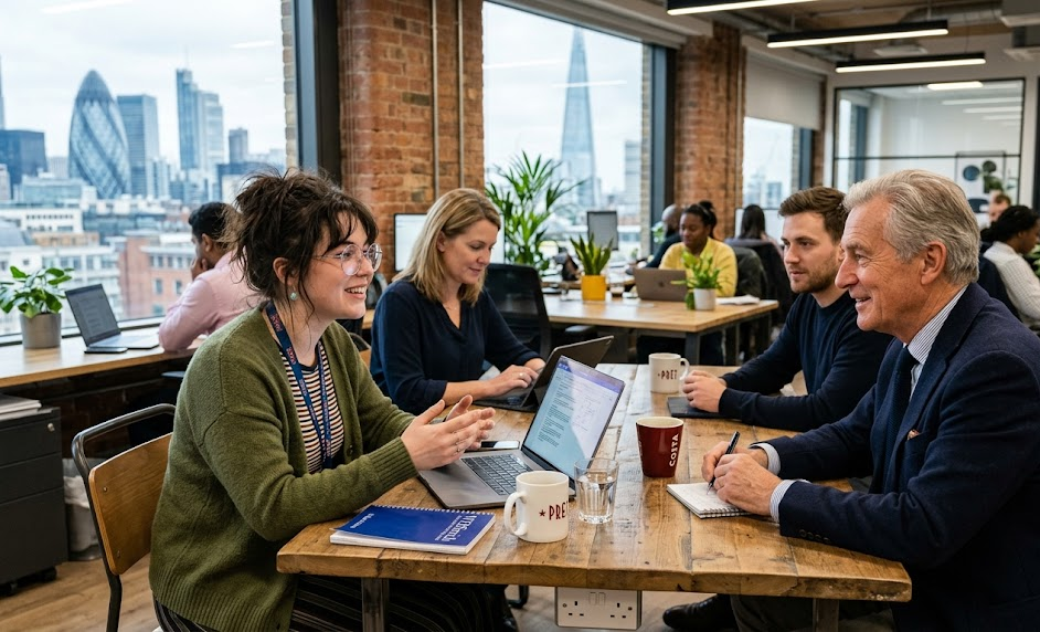 Team collaborating in a modern office with laptops and city skyline view in London