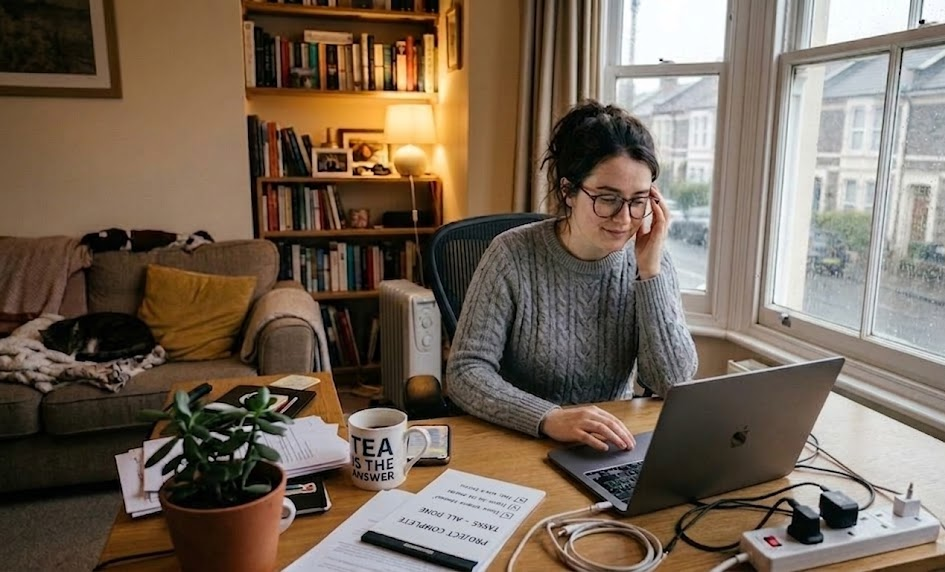 Woman working from home at a laptop, wearing glasses and grey sweater, surrounded by books, plant, and cup of tea