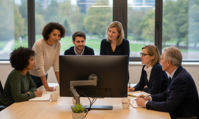 Diverse team engaged in a collaborative office meeting, reviewing a computer monitor's display, notes on table