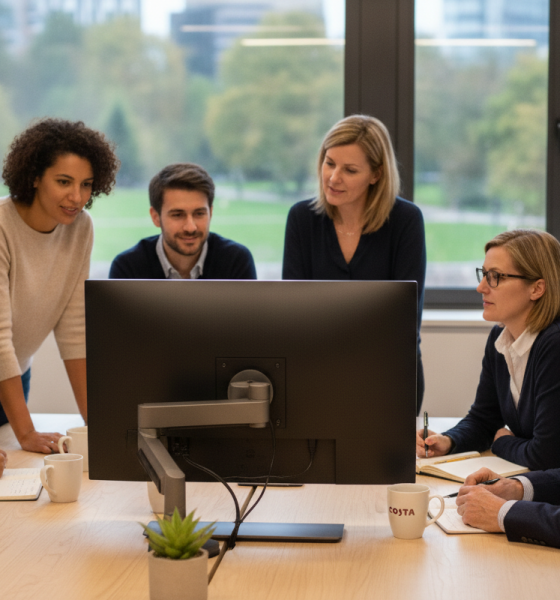 Diverse team engaged in a collaborative office meeting, reviewing a computer monitor's display, notes on table