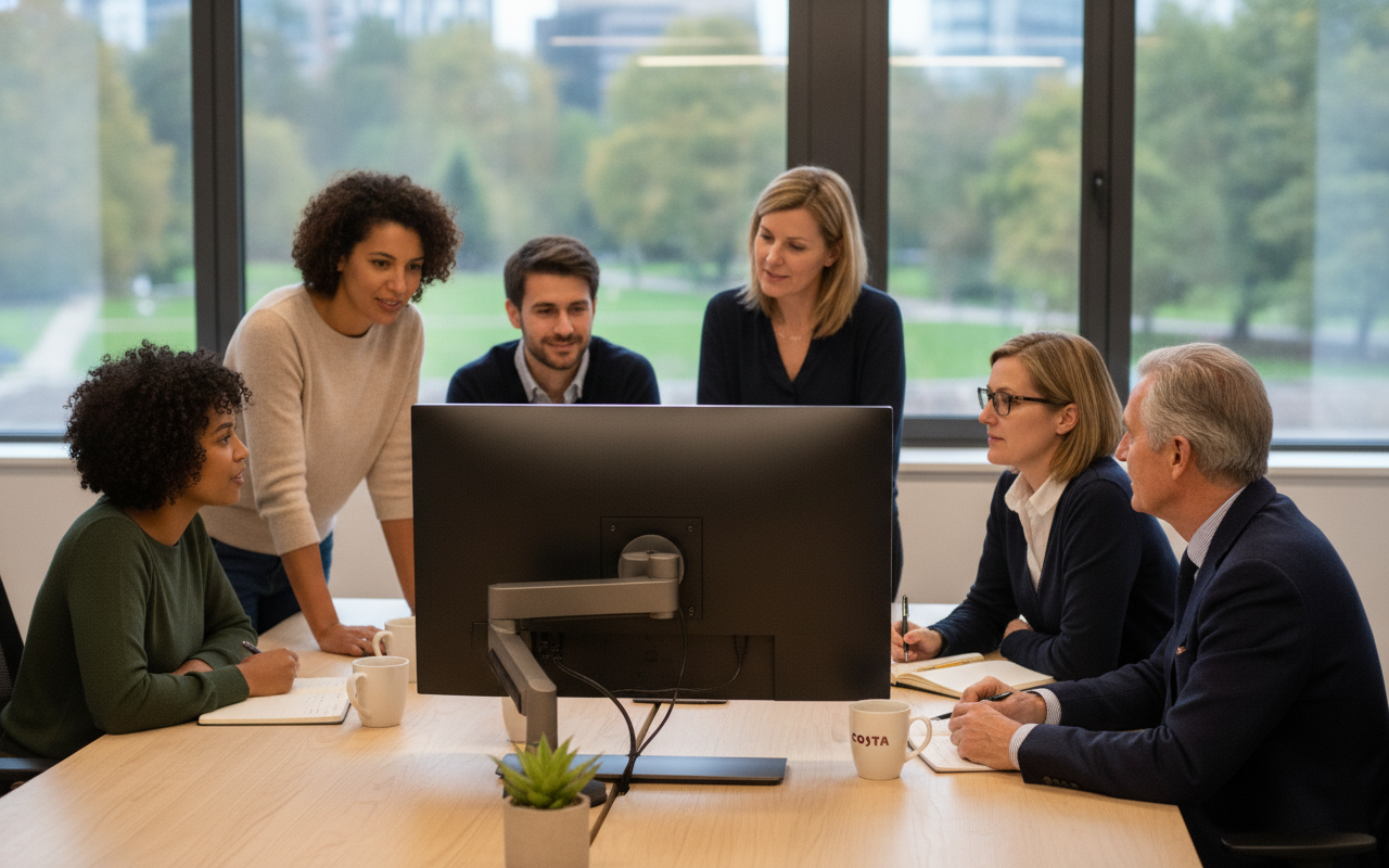 Diverse team engaged in a collaborative office meeting, reviewing a computer monitor's display, notes on table